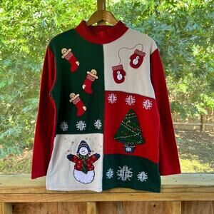 Karen Scott Sport Women's Vintage Christmas Top Red White Green Size L